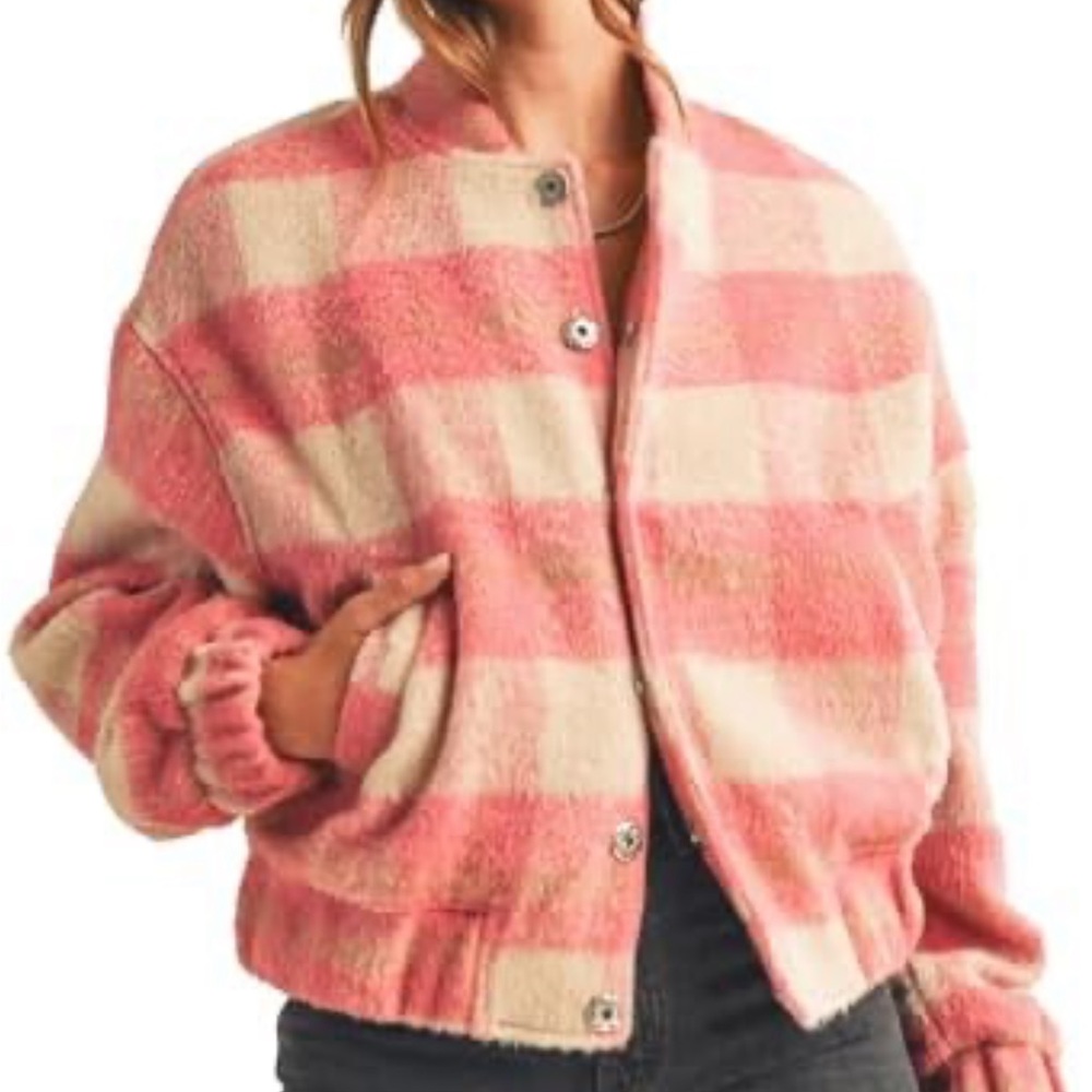 MABLE Pink Plaid Bomber Jacket Faux Fur With Pockets Size Medium Like new!